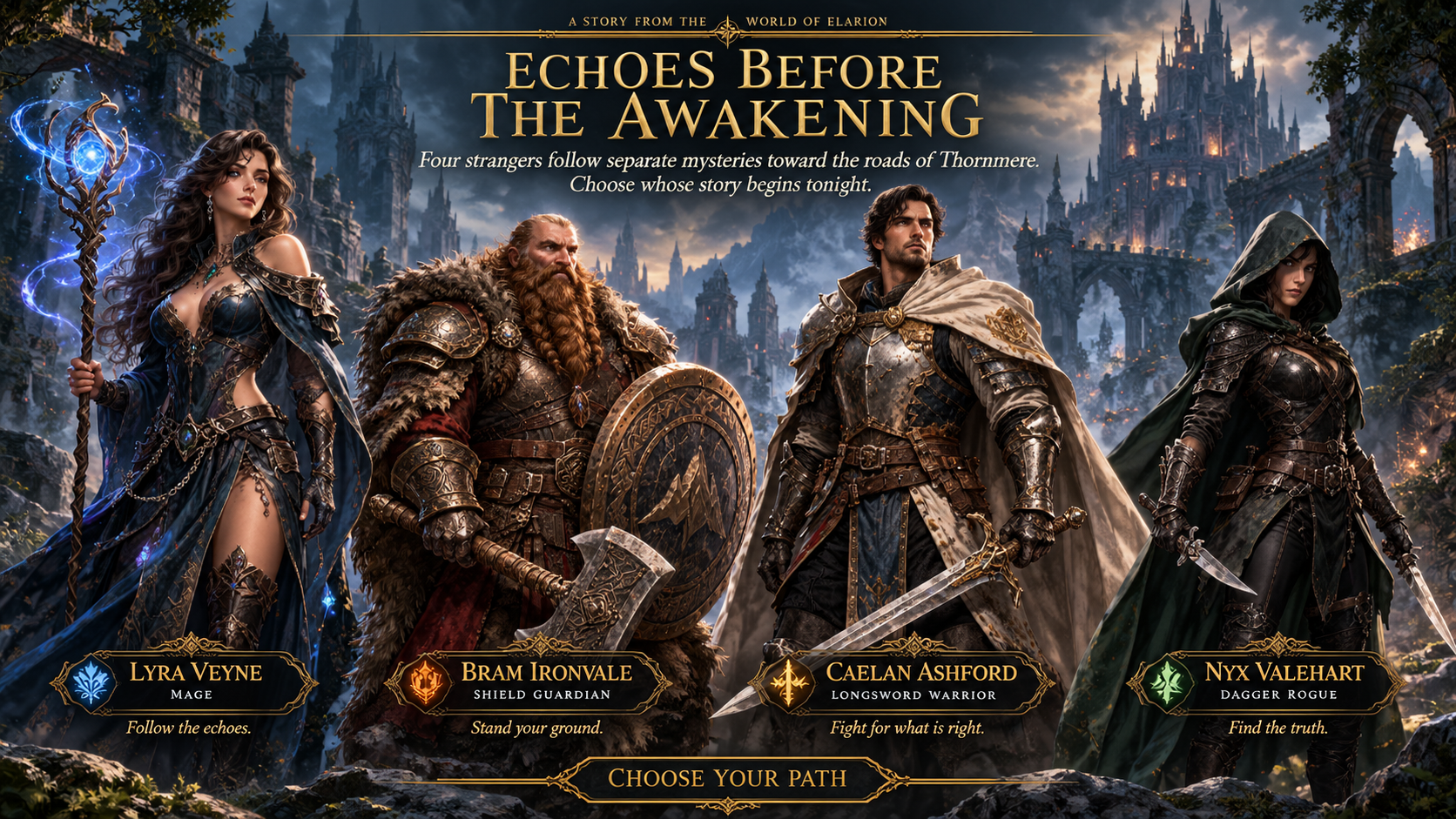 Elarion character selection scene with Lyra, Bram, Caelan and Nyx
